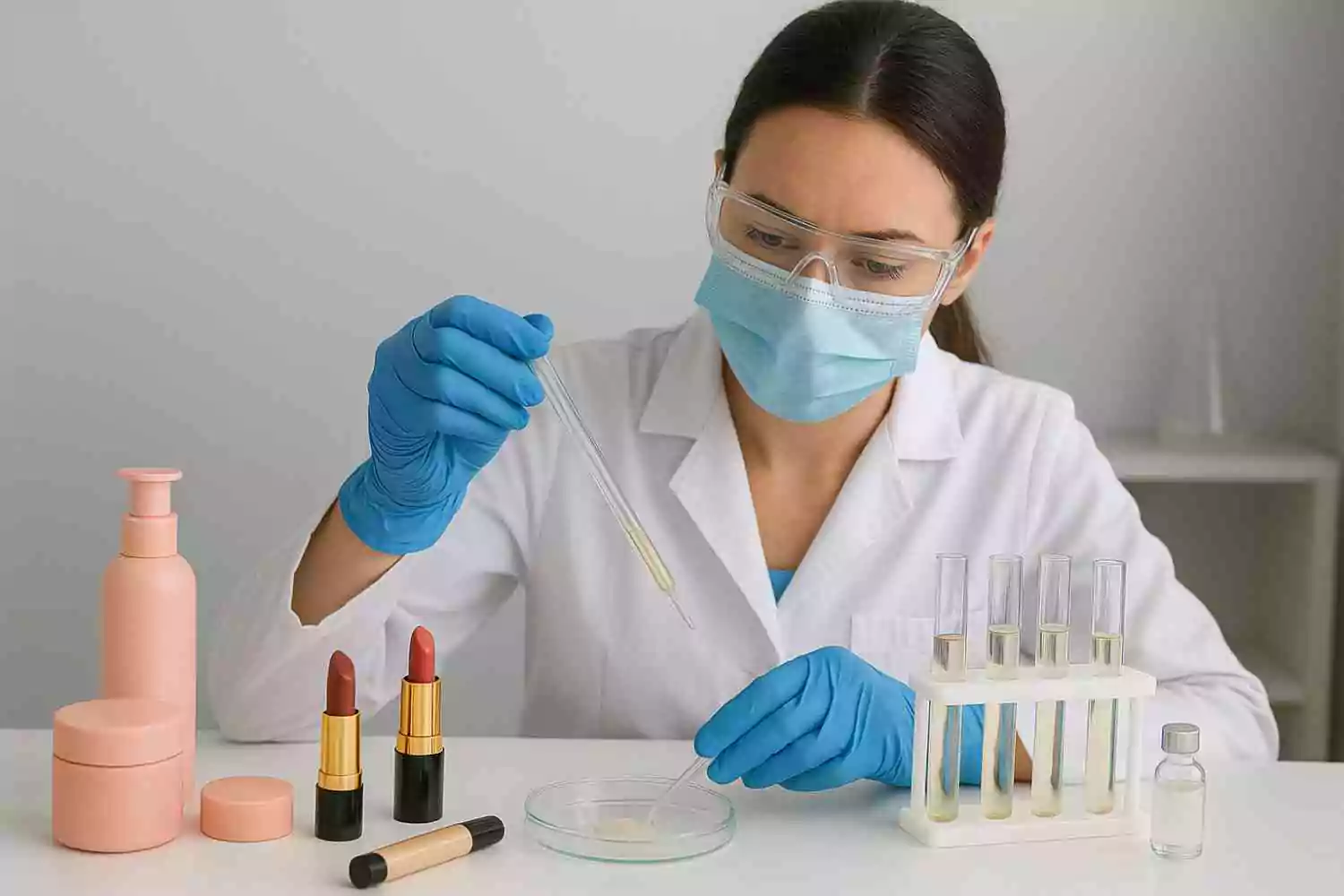 Scientist testing cosmetic products like lipsticks, foundation, and skincare items in a laboratory for safety and quality analysis