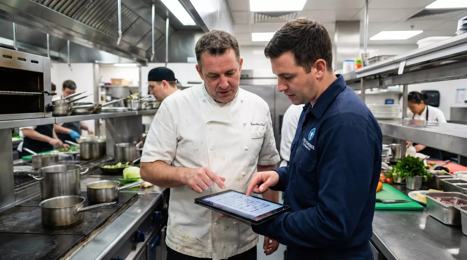 Executive chef and auditor reviewing a cafeteria audit checklist on a tablet in a commercial kitchen