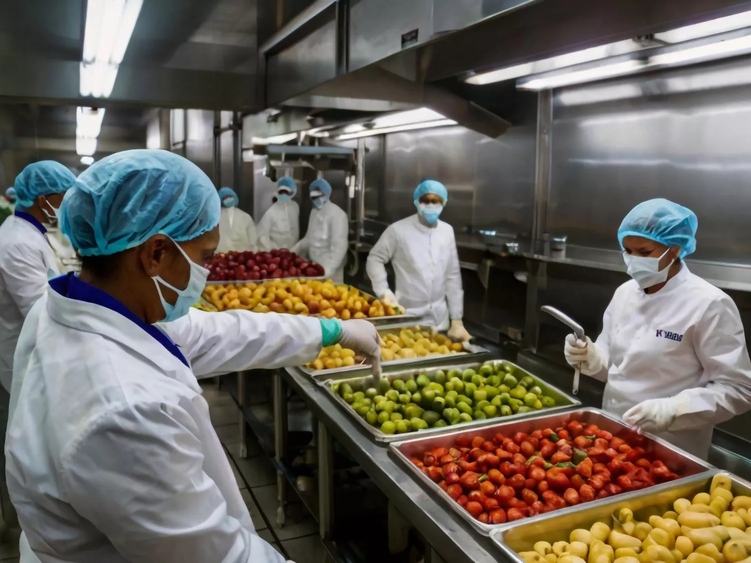 Food handlers in hairnets and masks checking trays of produce in a commercial kitchen