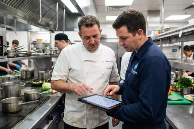Executive chef and auditor reviewing a cafeteria audit checklist on a tablet in a commercial kitchen