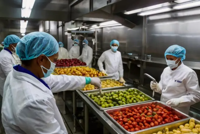 Food handlers in hairnets and masks checking trays of produce in a commercial kitchen